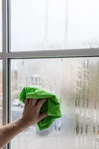 A person cleaning a foggy window with a green cloth, clearing condensation from the glass.