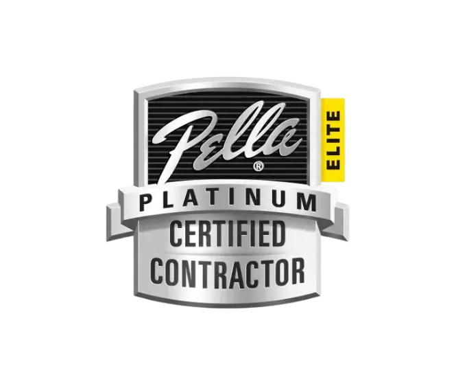 Pella Platinum Elite Certified Contractor badge featuring silver and black design with